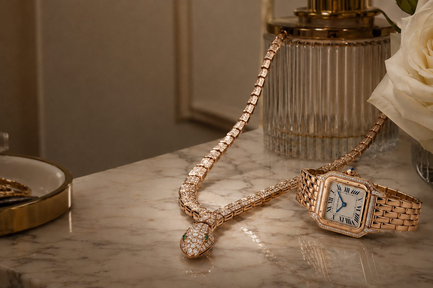 A diamond serpent necklace and Cartier Panth&egrave;re watch on a marble vanity
