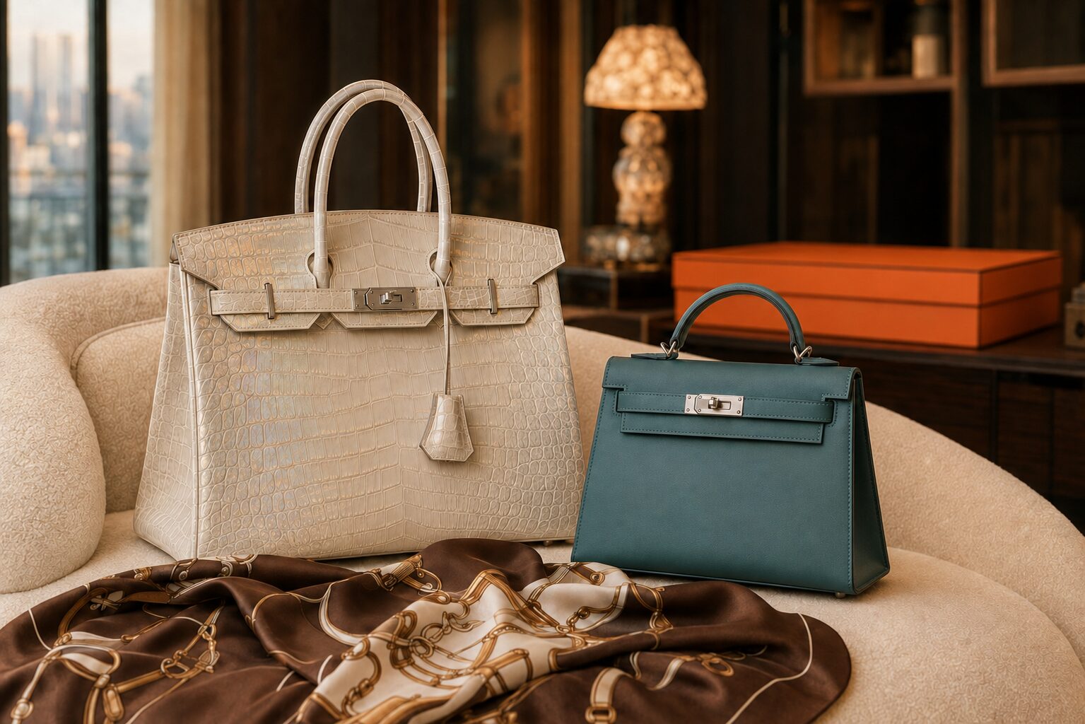 Herm&egrave;s Birkin and Kelly bags on a boucl&eacute; sofa with a silk scarf